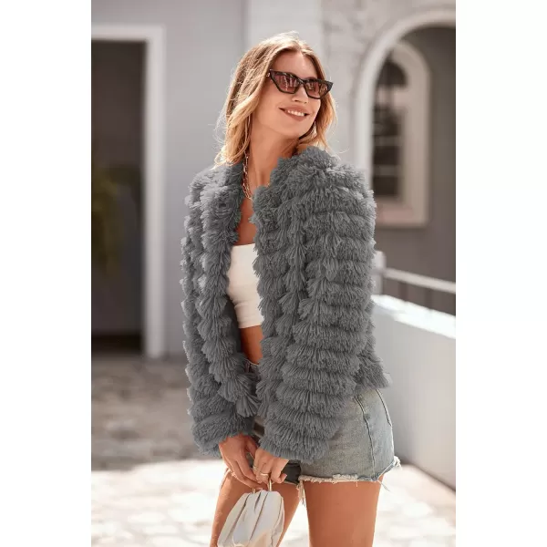 imagePRETTYGARDEN Womens 2024 Winter Coats Fashion Faux Fur Long Sleeve Fleece Shaggy Lightweight Fall Cropped Jacket OuterwearDark Grey