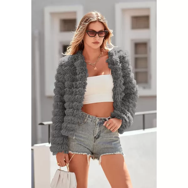 imagePRETTYGARDEN Womens 2024 Winter Coats Fashion Faux Fur Long Sleeve Fleece Shaggy Lightweight Fall Cropped Jacket OuterwearDark Grey