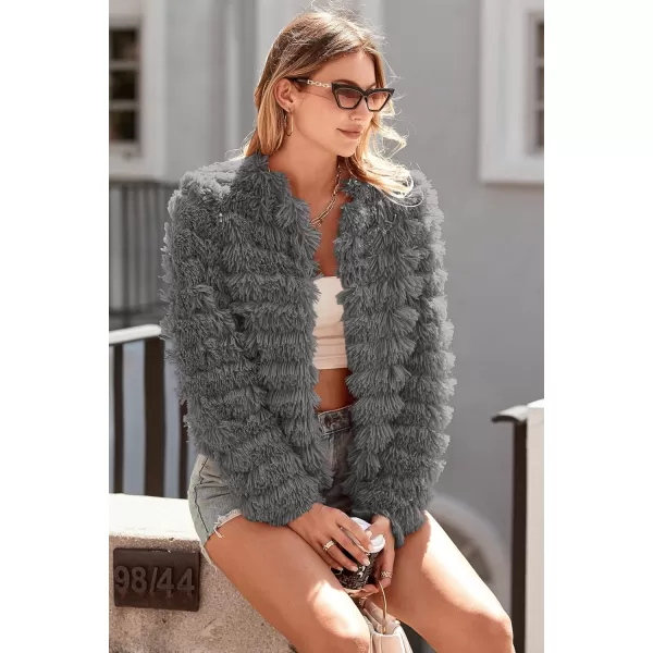 imagePRETTYGARDEN Womens 2024 Winter Coats Fashion Faux Fur Long Sleeve Fleece Shaggy Lightweight Fall Cropped Jacket OuterwearDark Grey