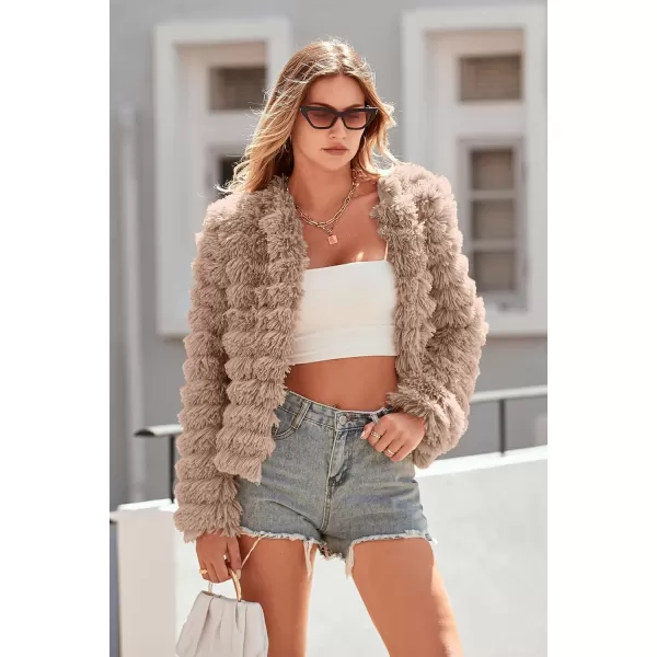 imagePRETTYGARDEN Womens 2024 Winter Coats Fashion Faux Fur Long Sleeve Fleece Shaggy Lightweight Fall Cropped Jacket OuterwearDark Khaki