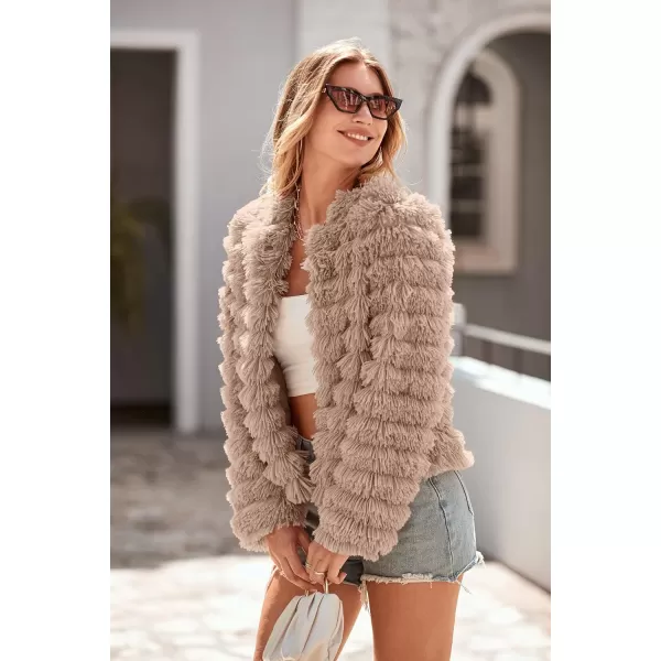 imagePRETTYGARDEN Womens 2024 Winter Coats Fashion Faux Fur Long Sleeve Fleece Shaggy Lightweight Fall Cropped Jacket OuterwearDark Khaki