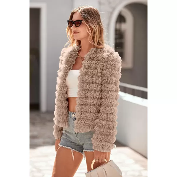 imagePRETTYGARDEN Womens 2024 Winter Coats Fashion Faux Fur Long Sleeve Fleece Shaggy Lightweight Fall Cropped Jacket OuterwearDark Khaki
