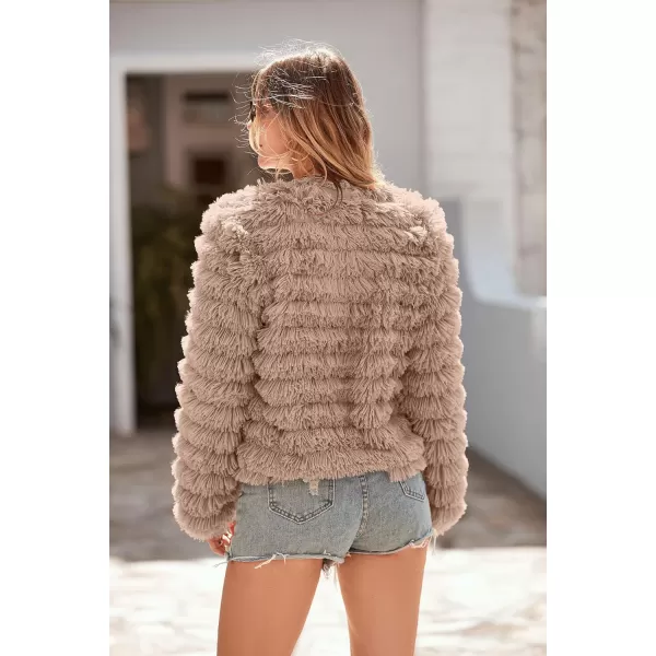 imagePRETTYGARDEN Womens 2024 Winter Coats Fashion Faux Fur Long Sleeve Fleece Shaggy Lightweight Fall Cropped Jacket OuterwearDark Khaki