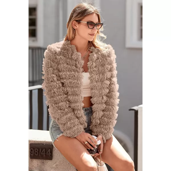 imagePRETTYGARDEN Womens 2024 Winter Coats Fashion Faux Fur Long Sleeve Fleece Shaggy Lightweight Fall Cropped Jacket OuterwearDark Khaki