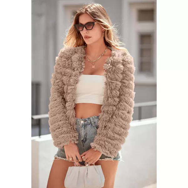 imagePRETTYGARDEN Womens 2024 Winter Coats Fashion Faux Fur Long Sleeve Fleece Shaggy Lightweight Fall Cropped Jacket OuterwearDark Khaki
