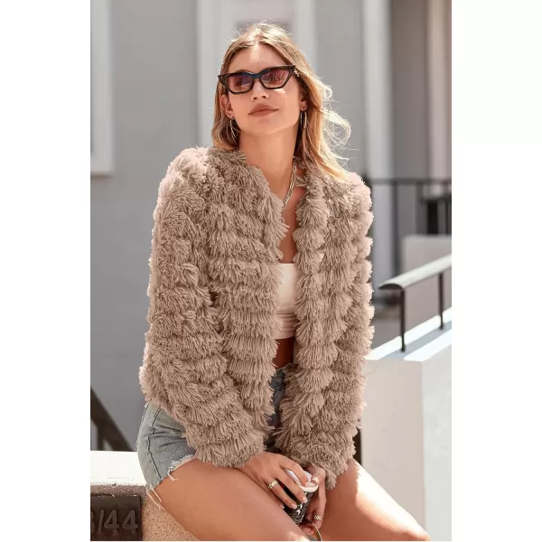 imagePRETTYGARDEN Womens 2024 Winter Coats Fashion Faux Fur Long Sleeve Fleece Shaggy Lightweight Fall Cropped Jacket OuterwearDark Khaki