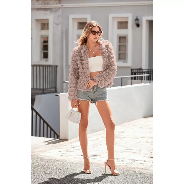 imagePRETTYGARDEN Womens 2024 Winter Coats Fashion Faux Fur Long Sleeve Fleece Shaggy Lightweight Fall Cropped Jacket OuterwearLight Khaki