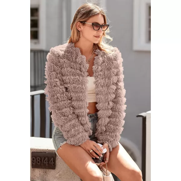 imagePRETTYGARDEN Womens 2024 Winter Coats Fashion Faux Fur Long Sleeve Fleece Shaggy Lightweight Fall Cropped Jacket OuterwearLight Khaki