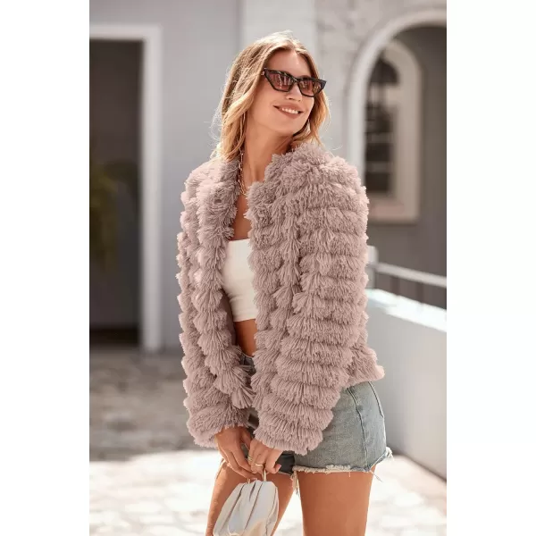 imagePRETTYGARDEN Womens 2024 Winter Coats Fashion Faux Fur Long Sleeve Fleece Shaggy Lightweight Fall Cropped Jacket OuterwearLight Khaki