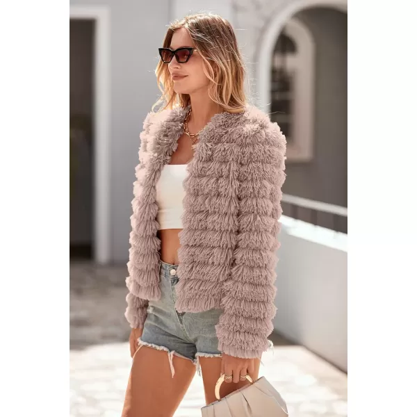 imagePRETTYGARDEN Womens 2024 Winter Coats Fashion Faux Fur Long Sleeve Fleece Shaggy Lightweight Fall Cropped Jacket OuterwearLight Khaki