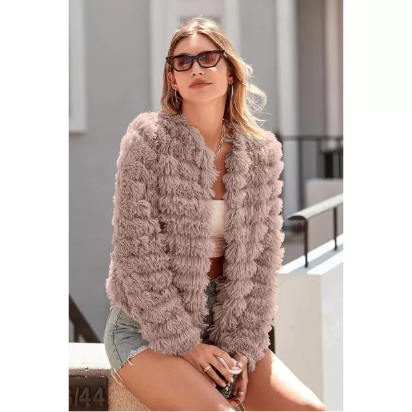imagePRETTYGARDEN Womens 2024 Winter Coats Fashion Faux Fur Long Sleeve Fleece Shaggy Lightweight Fall Cropped Jacket OuterwearLight Khaki