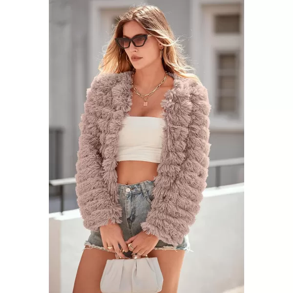 imagePRETTYGARDEN Womens 2024 Winter Coats Fashion Faux Fur Long Sleeve Fleece Shaggy Lightweight Fall Cropped Jacket OuterwearLight Khaki