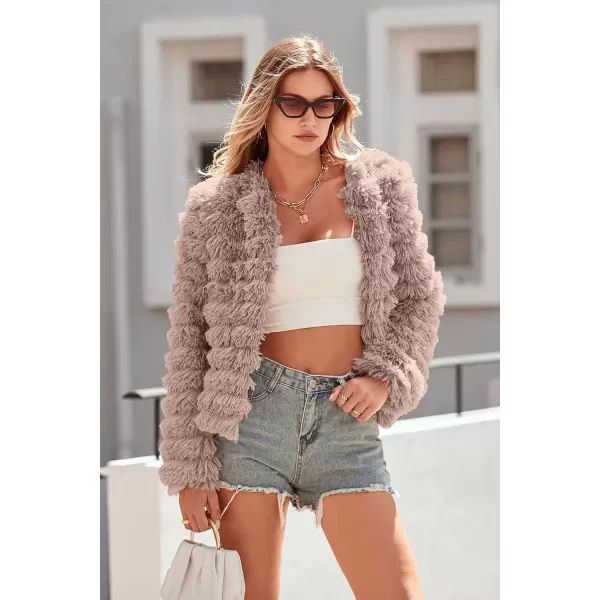 imagePRETTYGARDEN Womens 2024 Winter Coats Fashion Faux Fur Long Sleeve Fleece Shaggy Lightweight Fall Cropped Jacket OuterwearLight Khaki