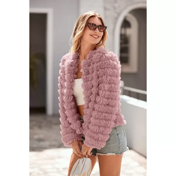 imagePRETTYGARDEN Womens 2024 Winter Coats Fashion Faux Fur Long Sleeve Fleece Shaggy Lightweight Fall Cropped Jacket OuterwearPink