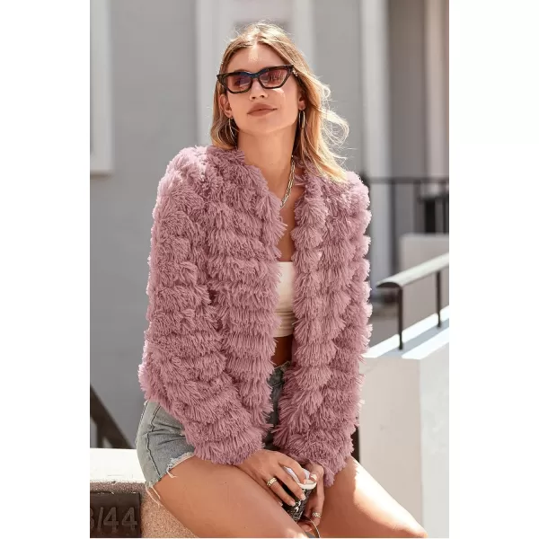 imagePRETTYGARDEN Womens 2024 Winter Coats Fashion Faux Fur Long Sleeve Fleece Shaggy Lightweight Fall Cropped Jacket OuterwearPink