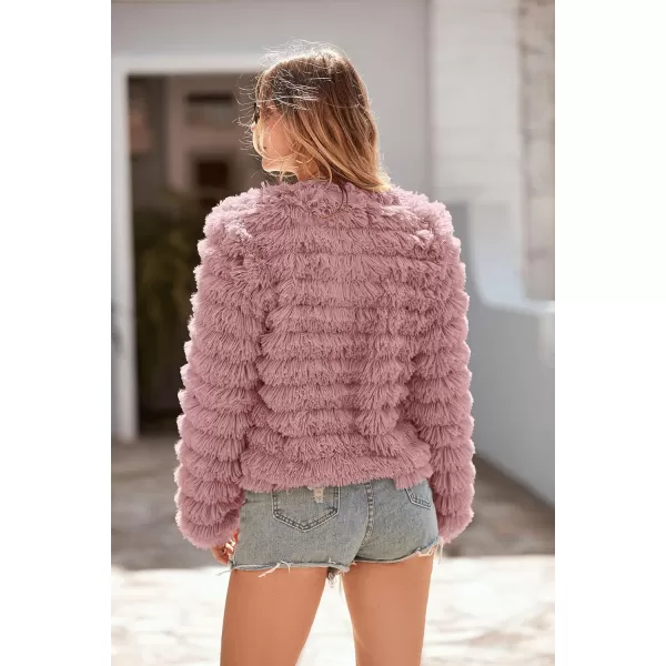 imagePRETTYGARDEN Womens 2024 Winter Coats Fashion Faux Fur Long Sleeve Fleece Shaggy Lightweight Fall Cropped Jacket OuterwearPink