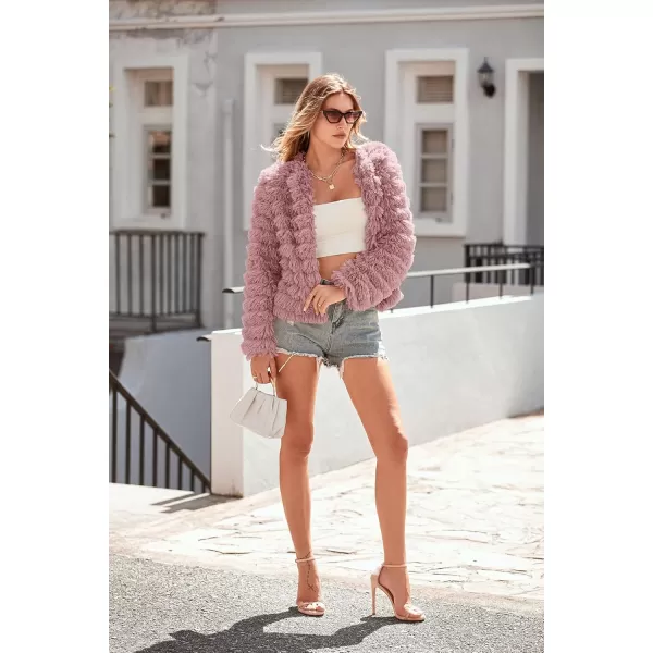 imagePRETTYGARDEN Womens 2024 Winter Coats Fashion Faux Fur Long Sleeve Fleece Shaggy Lightweight Fall Cropped Jacket OuterwearPink