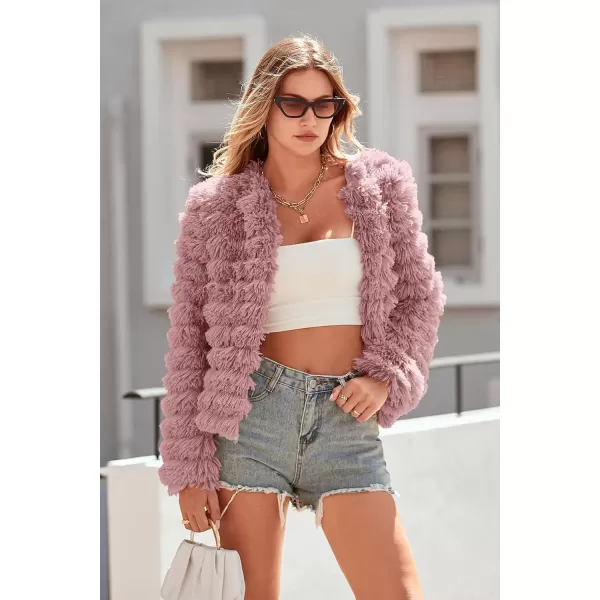 imagePRETTYGARDEN Womens 2024 Winter Coats Fashion Faux Fur Long Sleeve Fleece Shaggy Lightweight Fall Cropped Jacket OuterwearPink