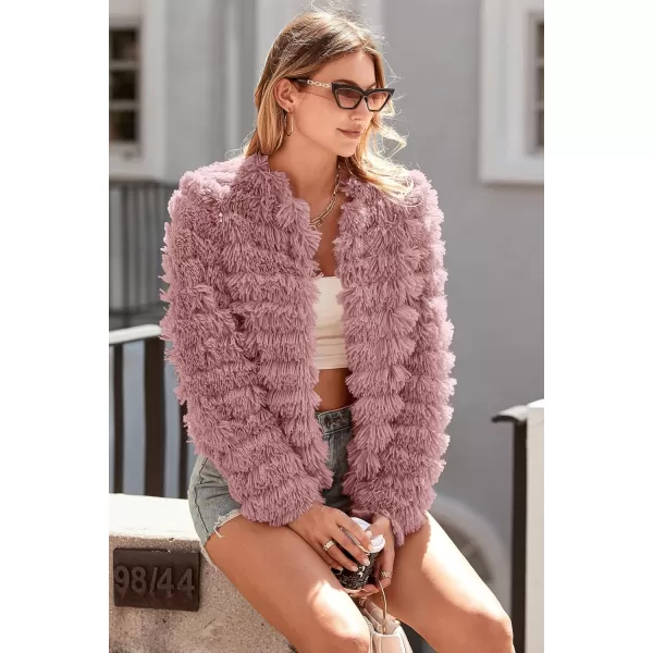 imagePRETTYGARDEN Womens 2024 Winter Coats Fashion Faux Fur Long Sleeve Fleece Shaggy Lightweight Fall Cropped Jacket OuterwearPink