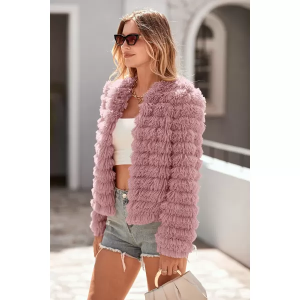 imagePRETTYGARDEN Womens 2024 Winter Coats Fashion Faux Fur Long Sleeve Fleece Shaggy Lightweight Fall Cropped Jacket OuterwearPink
