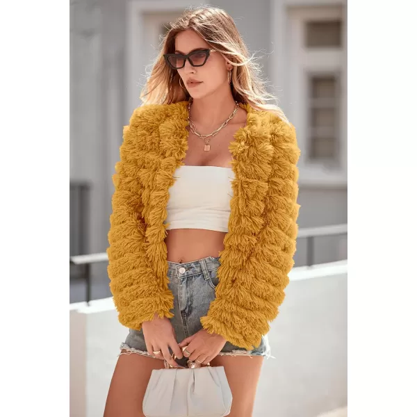 imagePRETTYGARDEN Womens 2024 Winter Coats Fashion Faux Fur Long Sleeve Fleece Shaggy Lightweight Fall Cropped Jacket OuterwearYellow
