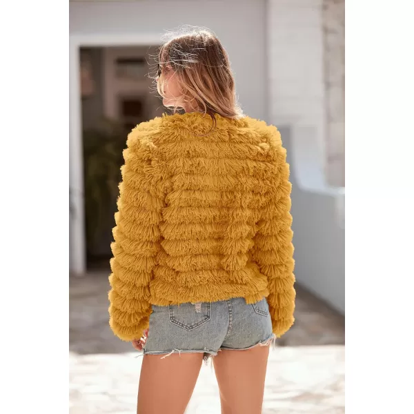imagePRETTYGARDEN Womens 2024 Winter Coats Fashion Faux Fur Long Sleeve Fleece Shaggy Lightweight Fall Cropped Jacket OuterwearYellow