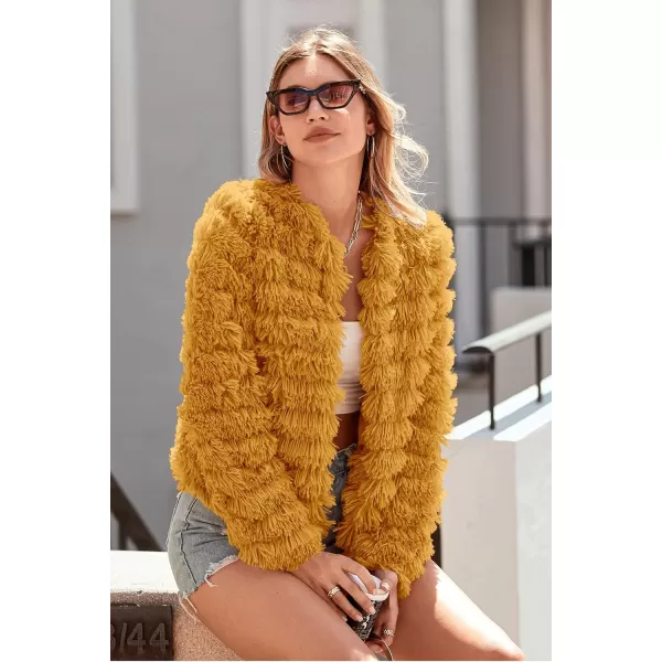 imagePRETTYGARDEN Womens 2024 Winter Coats Fashion Faux Fur Long Sleeve Fleece Shaggy Lightweight Fall Cropped Jacket OuterwearYellow