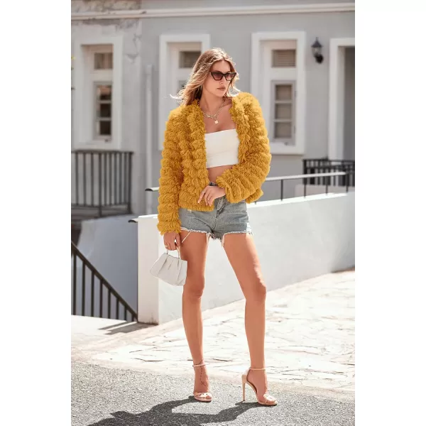 imagePRETTYGARDEN Womens 2024 Winter Coats Fashion Faux Fur Long Sleeve Fleece Shaggy Lightweight Fall Cropped Jacket OuterwearYellow