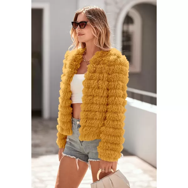 imagePRETTYGARDEN Womens 2024 Winter Coats Fashion Faux Fur Long Sleeve Fleece Shaggy Lightweight Fall Cropped Jacket OuterwearYellow