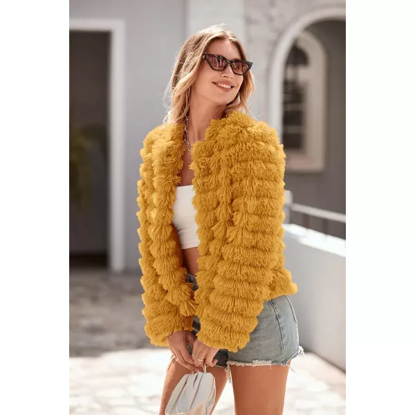 imagePRETTYGARDEN Womens 2024 Winter Coats Fashion Faux Fur Long Sleeve Fleece Shaggy Lightweight Fall Cropped Jacket OuterwearYellow