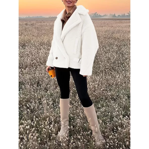 imagePRETTYGARDEN Womens 2024 Winter Fashion Sherpa Coats Lapel Fleece Jacket Long Sleeve Pockets Faux Fur Dressy Fall OutfitsBeige White