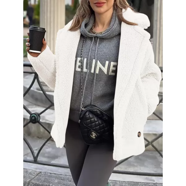 imagePRETTYGARDEN Womens 2024 Winter Fashion Sherpa Coats Lapel Fleece Jacket Long Sleeve Pockets Faux Fur Dressy Fall OutfitsBeige White