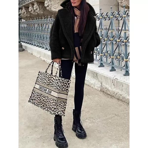 imagePRETTYGARDEN Womens 2024 Winter Fashion Sherpa Coats Lapel Fleece Jacket Long Sleeve Pockets Faux Fur Dressy Fall OutfitsBlack