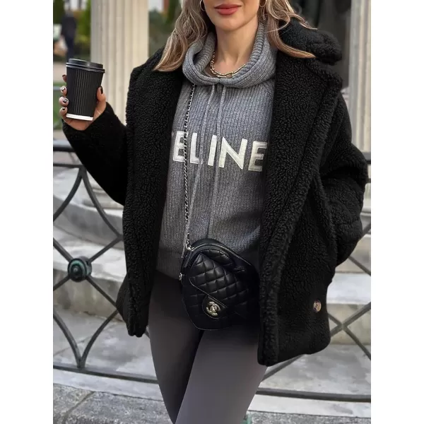 imagePRETTYGARDEN Womens 2024 Winter Fashion Sherpa Coats Lapel Fleece Jacket Long Sleeve Pockets Faux Fur Dressy Fall OutfitsBlack