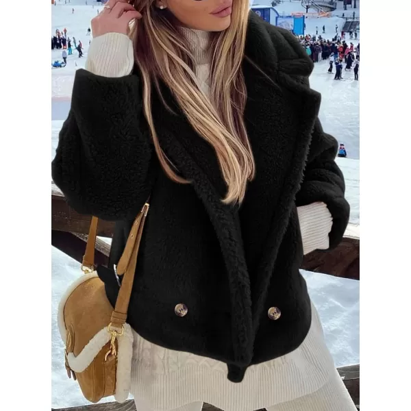 imagePRETTYGARDEN Womens 2024 Winter Fashion Sherpa Coats Lapel Fleece Jacket Long Sleeve Pockets Faux Fur Dressy Fall OutfitsBlack