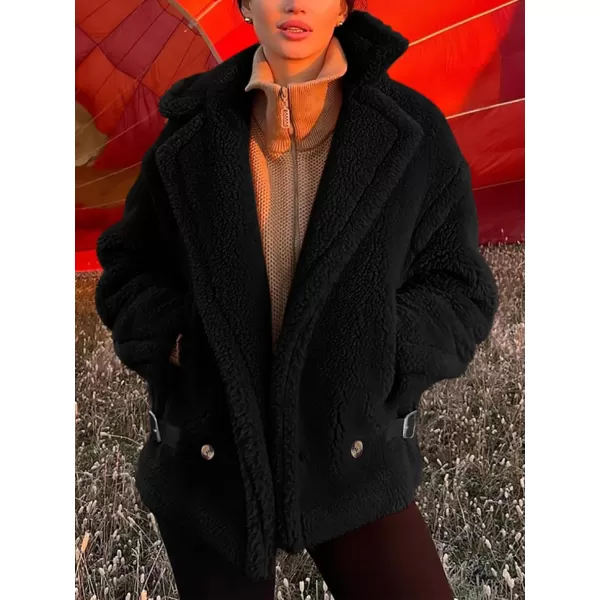 imagePRETTYGARDEN Womens 2024 Winter Fashion Sherpa Coats Lapel Fleece Jacket Long Sleeve Pockets Faux Fur Dressy Fall OutfitsBlack