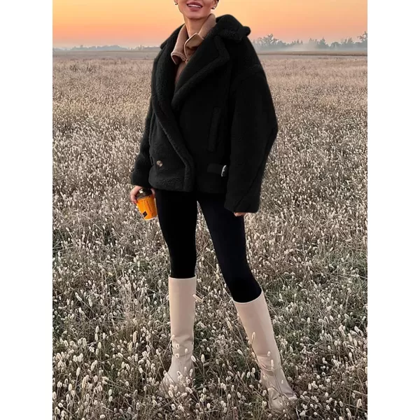imagePRETTYGARDEN Womens 2024 Winter Fashion Sherpa Coats Lapel Fleece Jacket Long Sleeve Pockets Faux Fur Dressy Fall OutfitsBlack