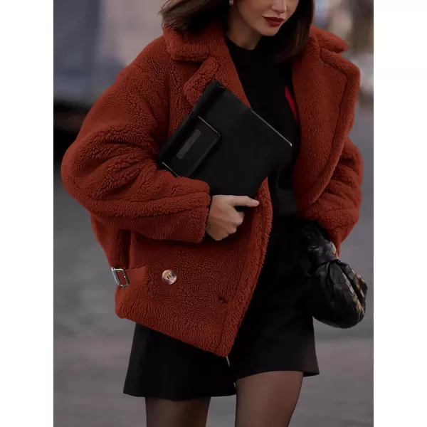 imagePRETTYGARDEN Womens 2024 Winter Fashion Sherpa Coats Lapel Fleece Jacket Long Sleeve Pockets Faux Fur Dressy Fall OutfitsBrown Red