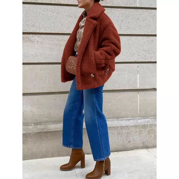 imagePRETTYGARDEN Womens 2024 Winter Fashion Sherpa Coats Lapel Fleece Jacket Long Sleeve Pockets Faux Fur Dressy Fall OutfitsBrown Red