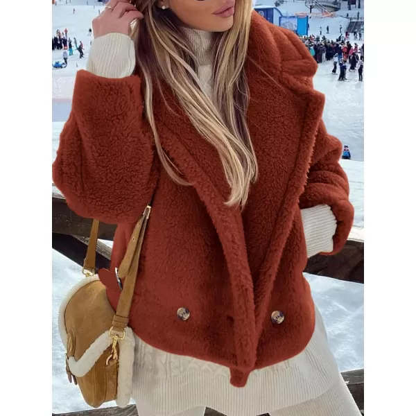 imagePRETTYGARDEN Womens 2024 Winter Fashion Sherpa Coats Lapel Fleece Jacket Long Sleeve Pockets Faux Fur Dressy Fall OutfitsBrown Red