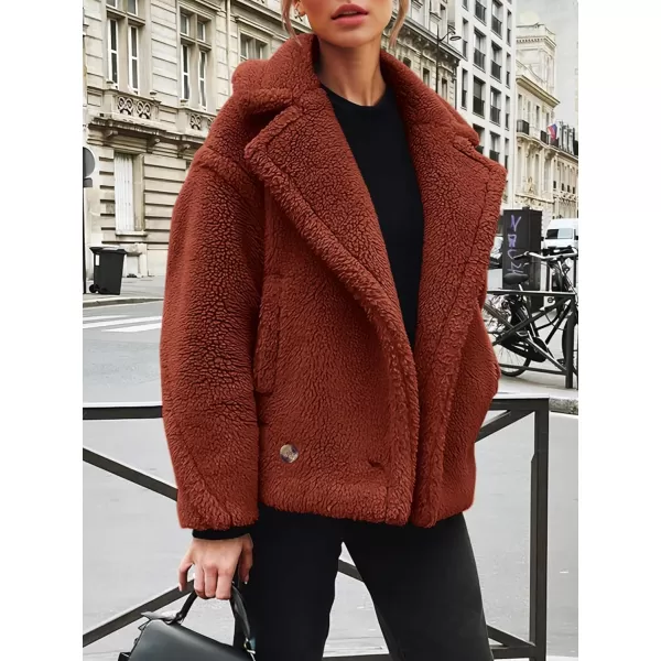 imagePRETTYGARDEN Womens 2024 Winter Fashion Sherpa Coats Lapel Fleece Jacket Long Sleeve Pockets Faux Fur Dressy Fall OutfitsBrown Red