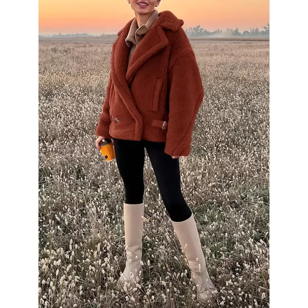 imagePRETTYGARDEN Womens 2024 Winter Fashion Sherpa Coats Lapel Fleece Jacket Long Sleeve Pockets Faux Fur Dressy Fall OutfitsBrown Red