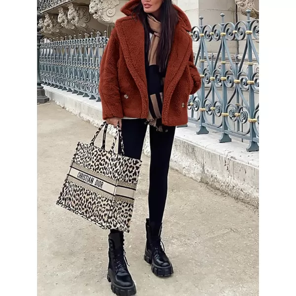 imagePRETTYGARDEN Womens 2024 Winter Fashion Sherpa Coats Lapel Fleece Jacket Long Sleeve Pockets Faux Fur Dressy Fall OutfitsBrown Red