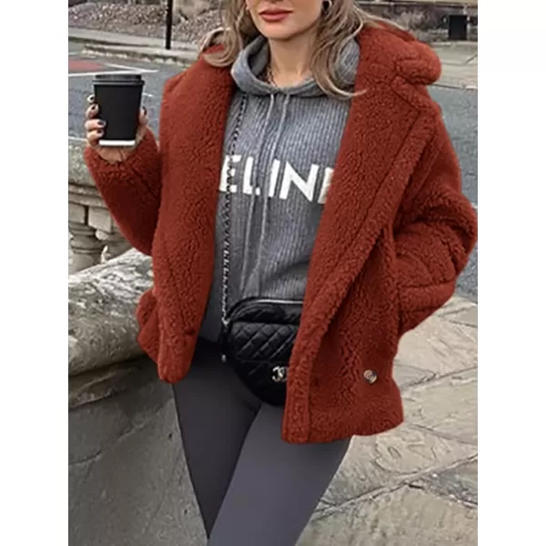 imagePRETTYGARDEN Womens 2024 Winter Fashion Sherpa Coats Lapel Fleece Jacket Long Sleeve Pockets Faux Fur Dressy Fall OutfitsBrown Red