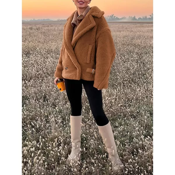 imagePRETTYGARDEN Womens 2024 Winter Fashion Sherpa Coats Lapel Fleece Jacket Long Sleeve Pockets Faux Fur Dressy Fall OutfitsCamel