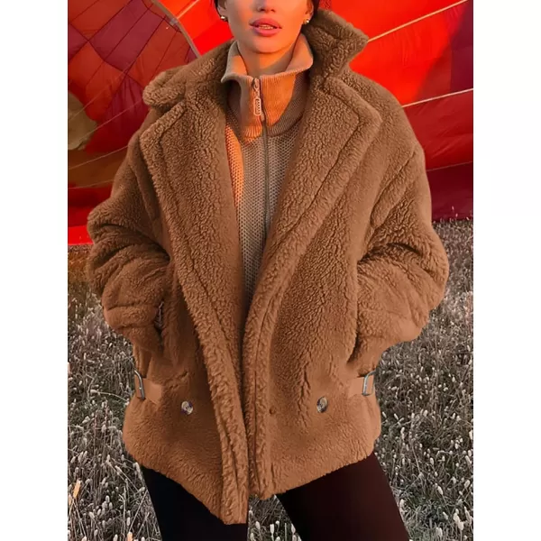 imagePRETTYGARDEN Womens 2024 Winter Fashion Sherpa Coats Lapel Fleece Jacket Long Sleeve Pockets Faux Fur Dressy Fall OutfitsCamel