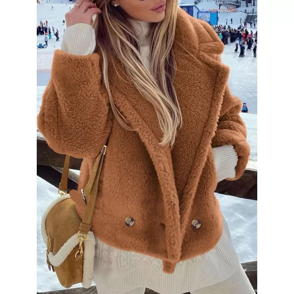 imagePRETTYGARDEN Womens 2024 Winter Fashion Sherpa Coats Lapel Fleece Jacket Long Sleeve Pockets Faux Fur Dressy Fall OutfitsCamel