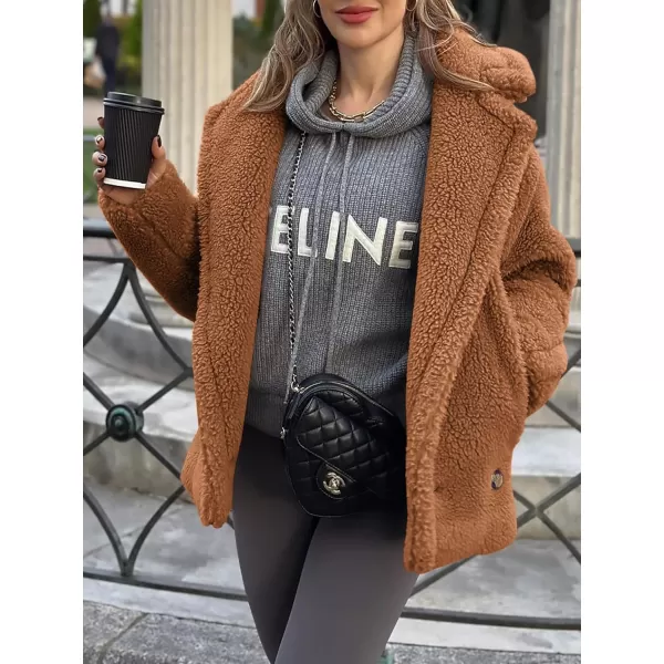 imagePRETTYGARDEN Womens 2024 Winter Fashion Sherpa Coats Lapel Fleece Jacket Long Sleeve Pockets Faux Fur Dressy Fall OutfitsCamel