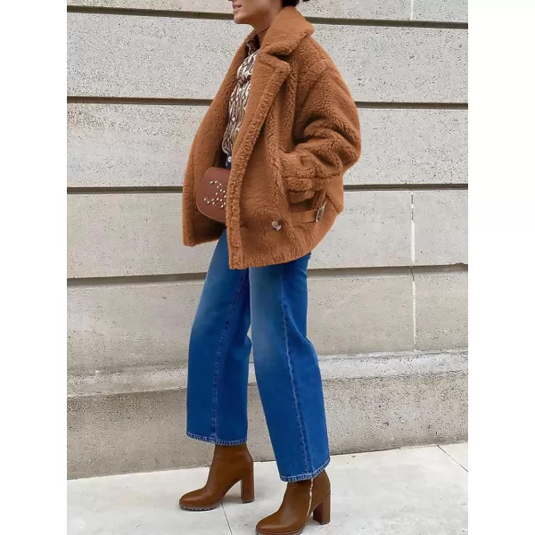 imagePRETTYGARDEN Womens 2024 Winter Fashion Sherpa Coats Lapel Fleece Jacket Long Sleeve Pockets Faux Fur Dressy Fall OutfitsCamel