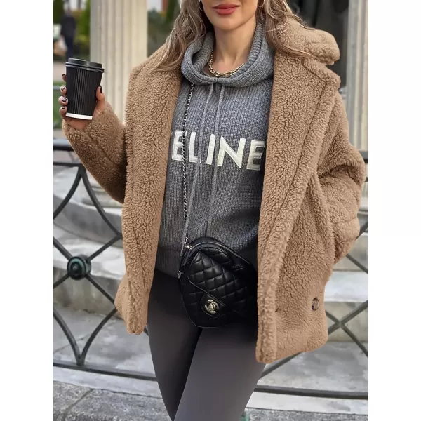 imagePRETTYGARDEN Womens 2024 Winter Fashion Sherpa Coats Lapel Fleece Jacket Long Sleeve Pockets Faux Fur Dressy Fall OutfitsKhaki